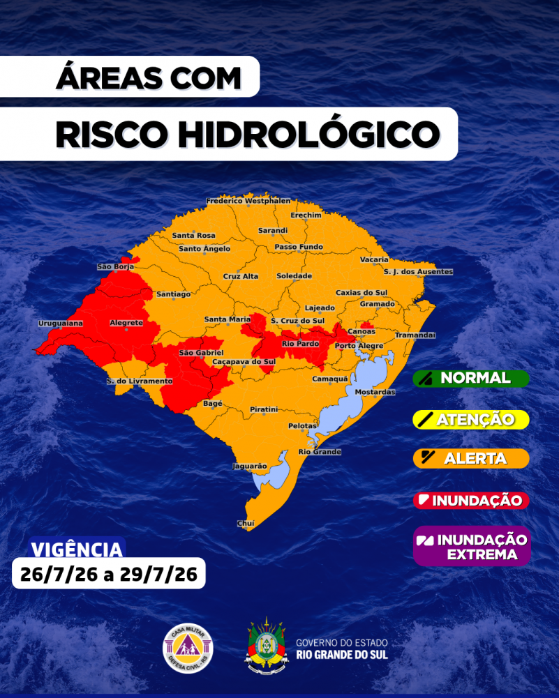 Defesa Civil emite alerta de risco hidrológico para diversas regiões do Rio Grande do Sul