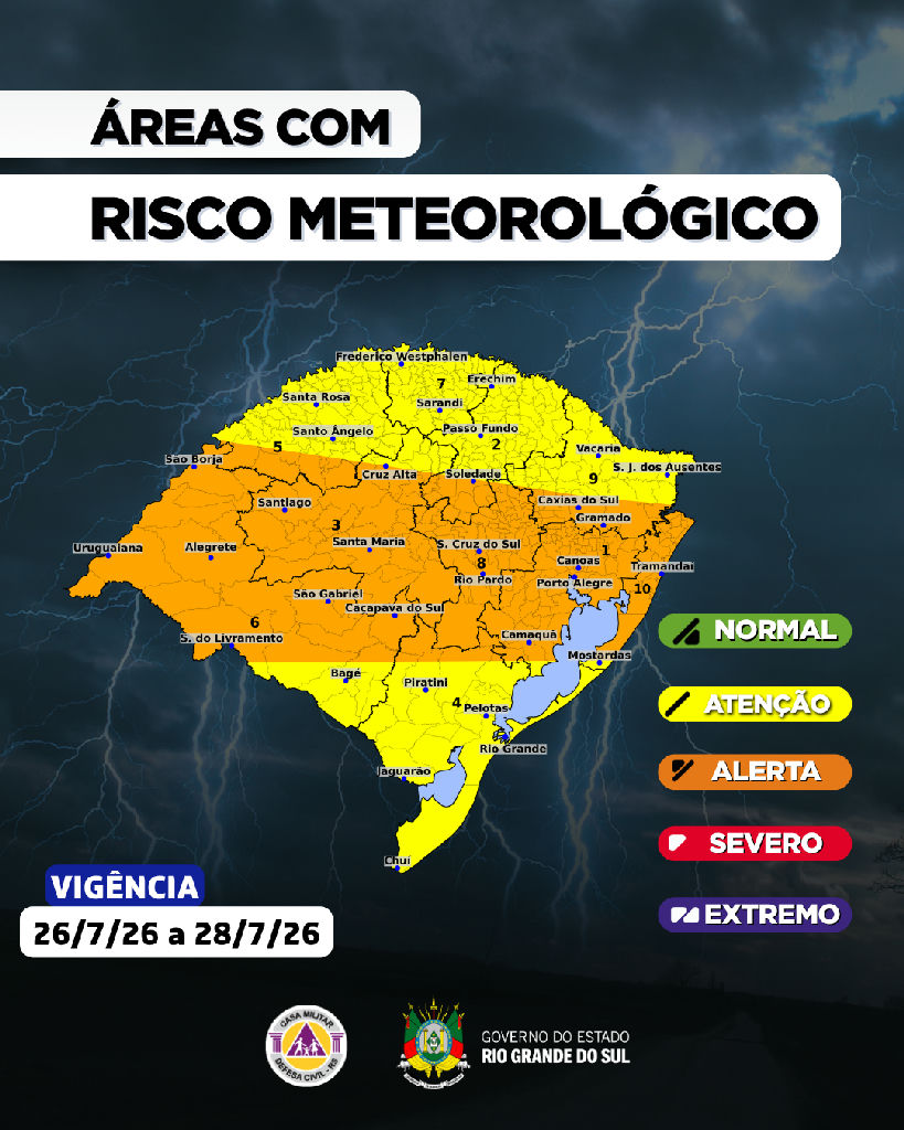 Defesa Civil emite alerta para tempestades severas e ventos de 90 km/h no Rio Grande do Sul
