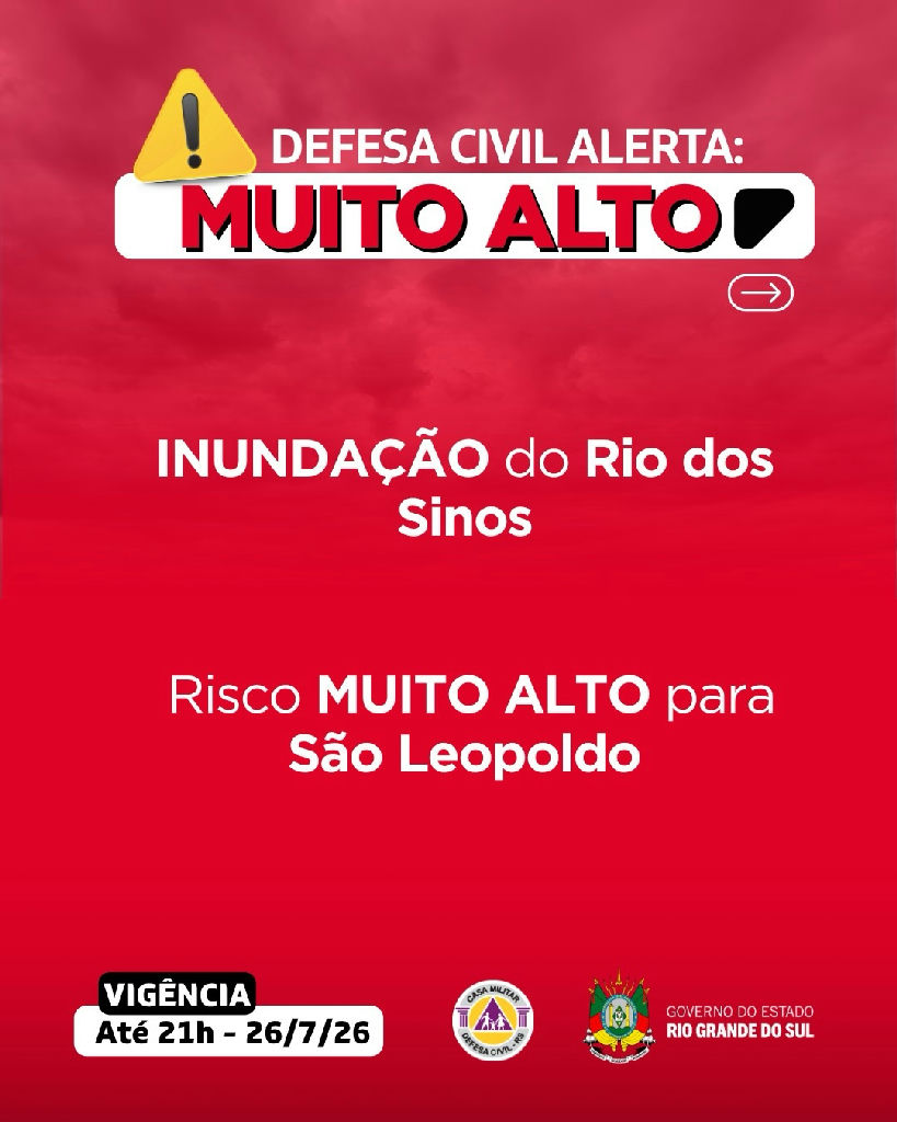 Nível do Rio dos Sinos chega a 4,53 metros e coloca São Leopoldo em alerta máximo até domingo