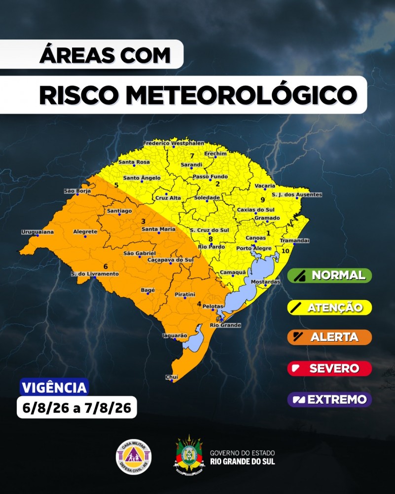 Defesa Civil emite alerta para risco de temporais severos no Rio Grande do Sul