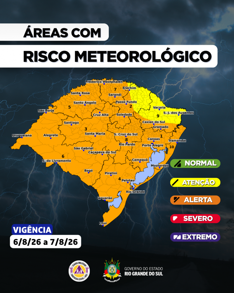 Defesa Civil emite alerta para temporais severos e ventos de até 100 km/h no Rio Grande do Sul