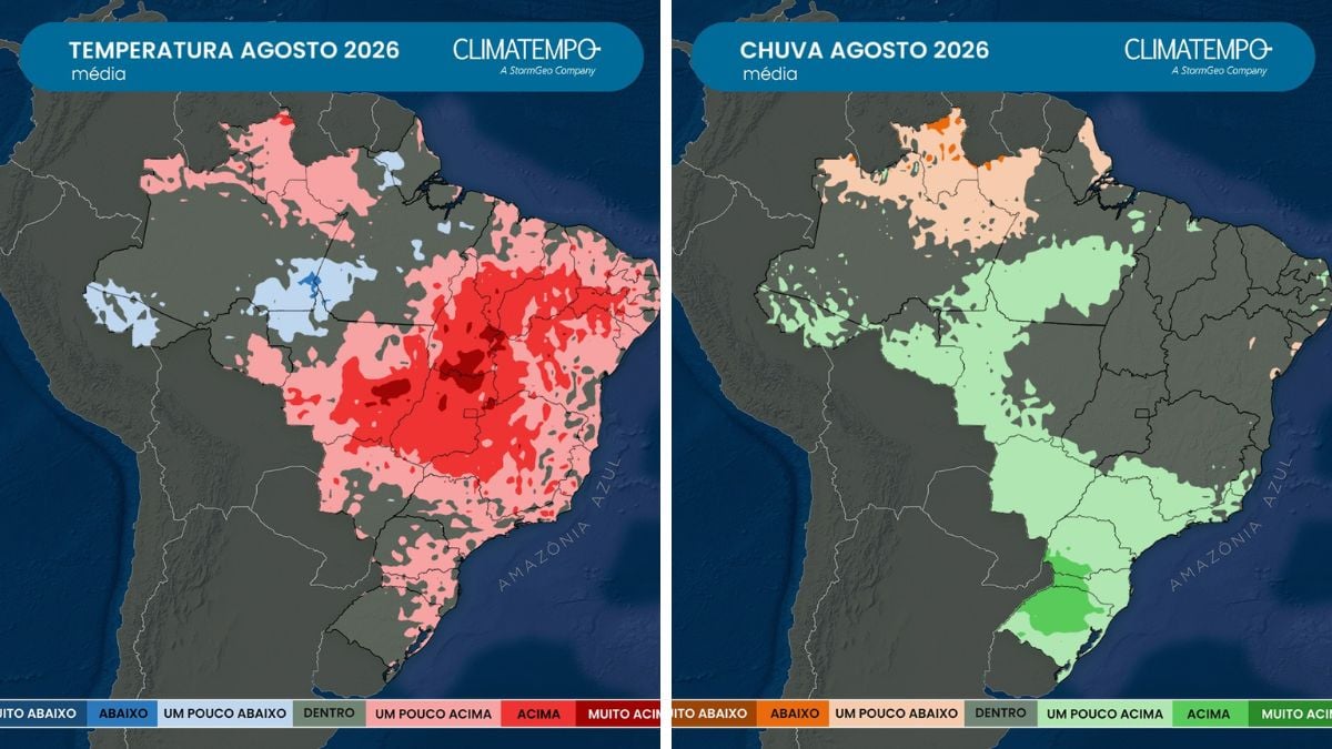 Previsão para agosto de 2026 aponta extremos climáticos com chuvas no Sul e calor intenso