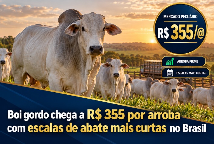 Boi gordo atinge R$ 355 por arroba em meio à escassez de oferta no Brasil