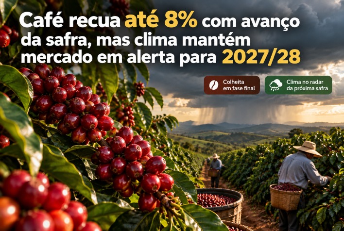 Café sofre queda de até 8% com aumento da safra, enquanto clima gera incertezas para 2027/28