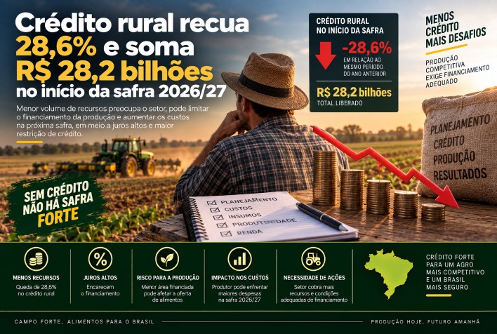 Crédito rural tem queda de 28,6% e totaliza R$ 28,2 bilhões no início da safra 2026/27
