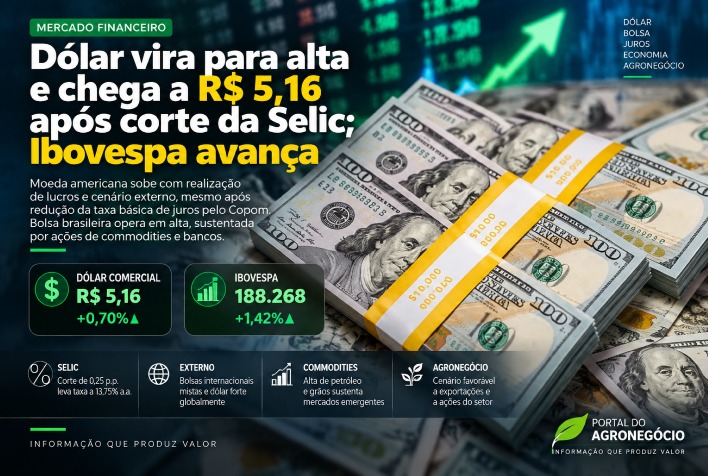 Dólar se valoriza e atinge R$ 5,16 após corte da Selic; Ibovespa registra alta
