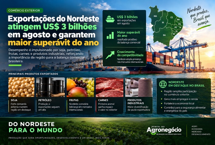 Exportações do Nordeste batem recorde mensal e garantem superávit comercial em agosto