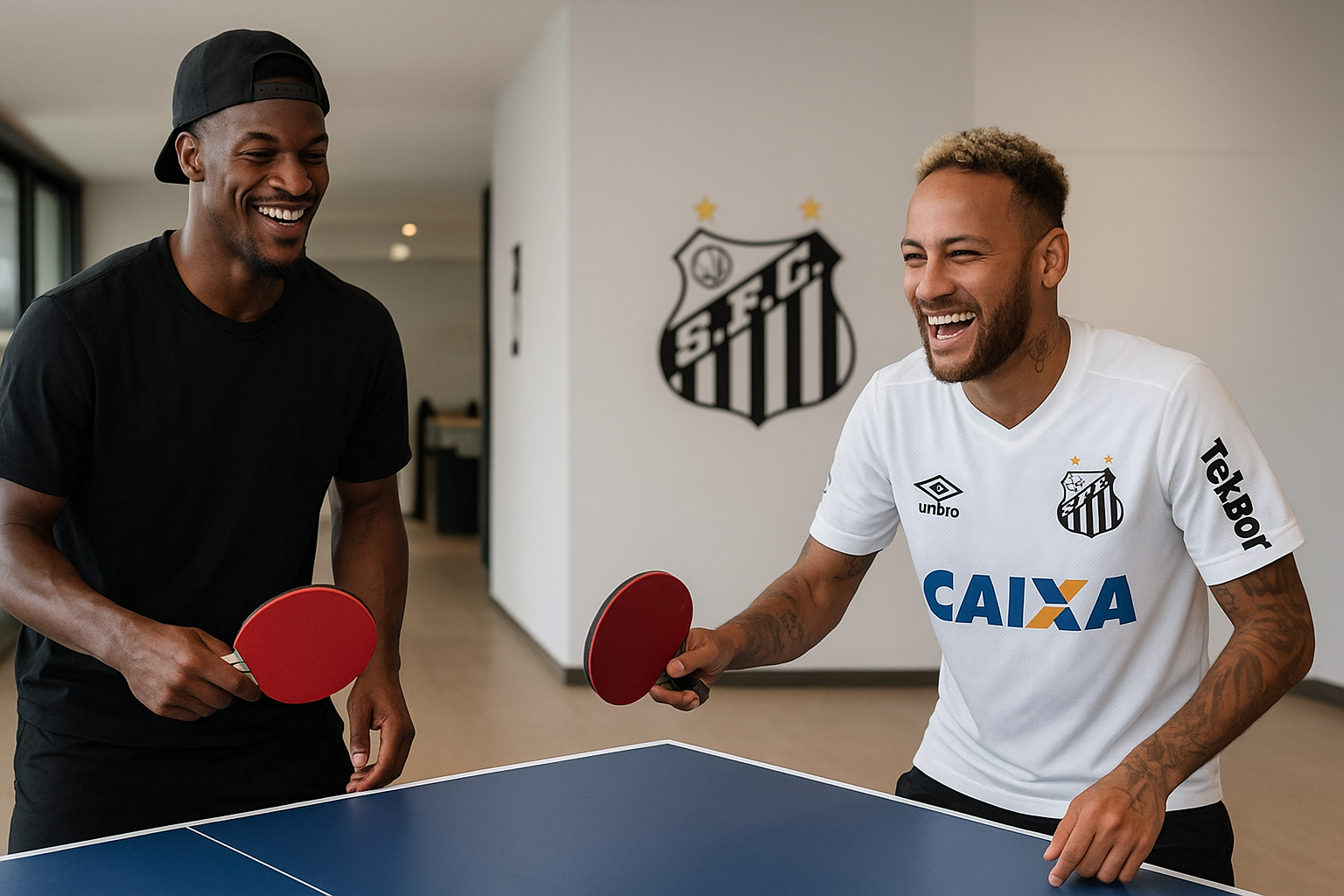 Jimmy Butler visita Santos e Neymar se destaca em partida de tênis de mesa