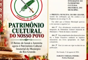 Lei 9.466 de 2026 torna o Reino de Iansã e Jurema patrimônio cultural imaterial de Rio Grande