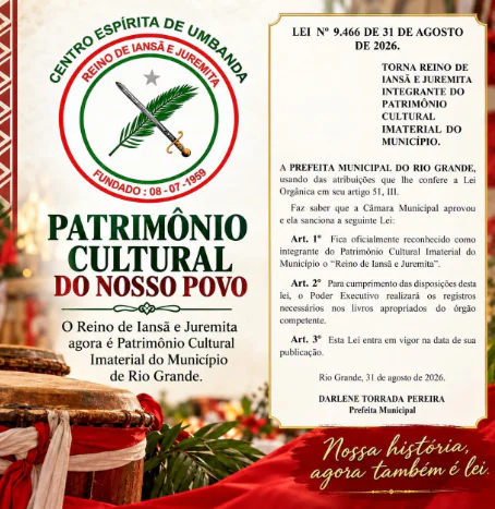 Lei 9.466 de 2026 torna o Reino de Iansã e Jurema patrimônio cultural imaterial de Rio Grande