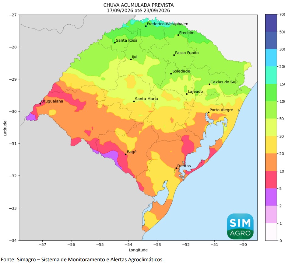 Previsão de chuva intensa no Rio Grande do Sul pode acumular até 200 mm até terça-feira