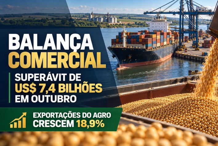 Balança comercial registra superávit de US$ 7,4 bilhões e agro impulsiona exportações em outubro