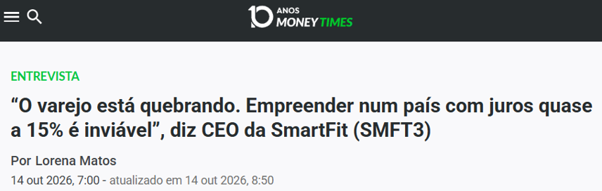 CEO da Smart Fit alerta que juros de 15% tornam varejo brasileiro inviável