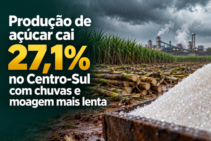 Chuvas e moagem lenta fazem produção de açúcar despencar 27,1% no Centro-Sul