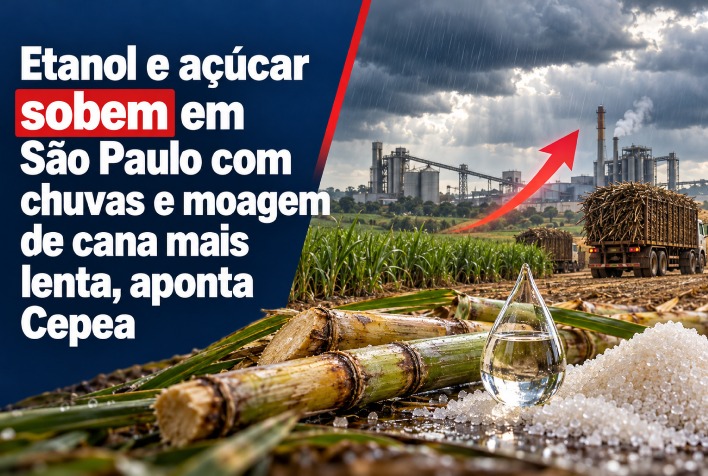 Chuvas em São Paulo atrasam moagem de cana e elevam preços de açúcar e etanol segundo Cepea