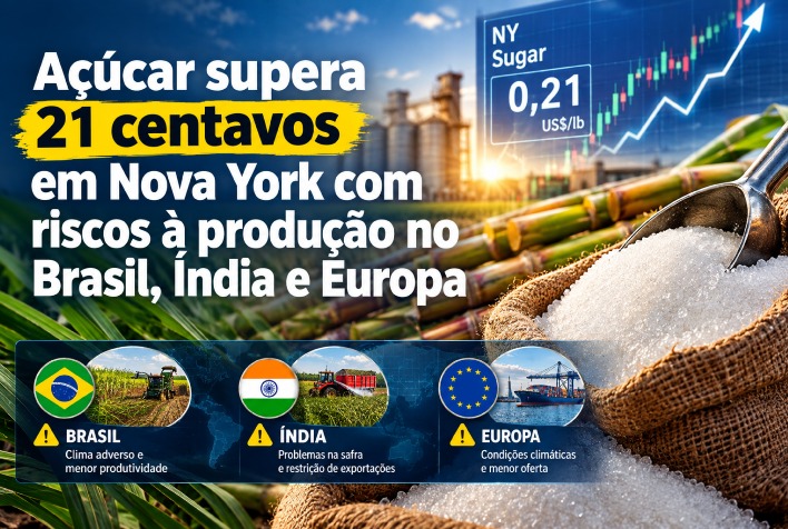Cotação do açúcar dispara em Nova York sob pressão de riscos climáticos globais