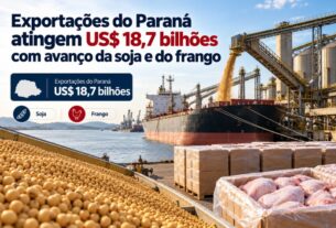 Exportações do Paraná alcançam US$ 18,7 bilhões impulsionadas por soja e frango