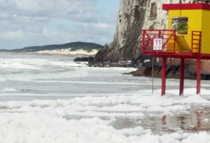 Fenômeno natural explica espuma branca em praia do Litoral do RS