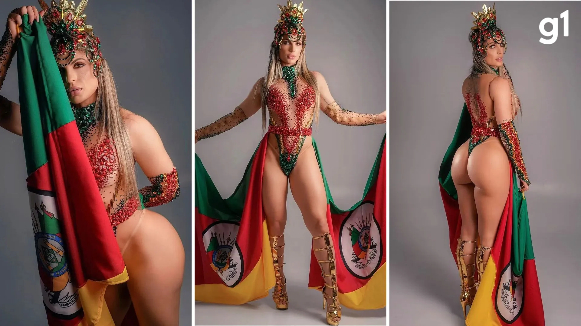 Gaucha vice-campea do Miss Bumbum Brasil desfila com bandeira do Rio Grande do Sul