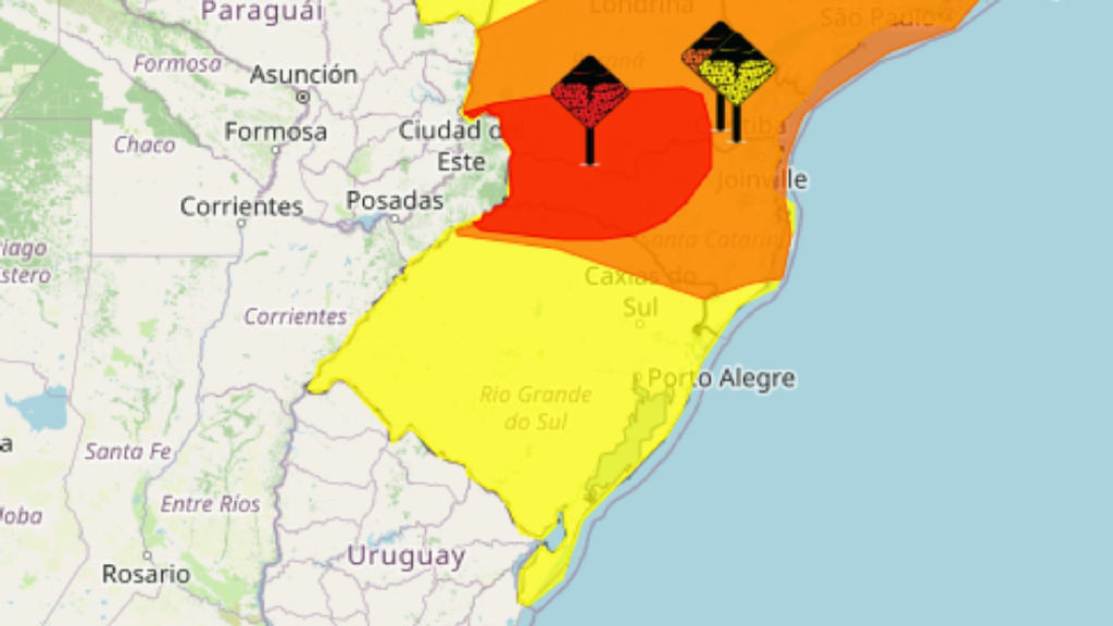 Inmet emite alerta vermelho para chuva extrema e ventos de 100 km/h no Rio grande do Sul