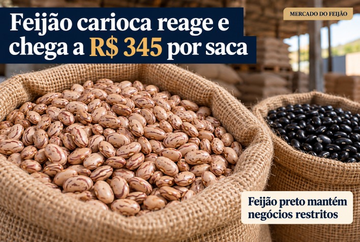Mercado de feijão carioca reage e saca atinge R$ 345 em meio à retenção de oferta