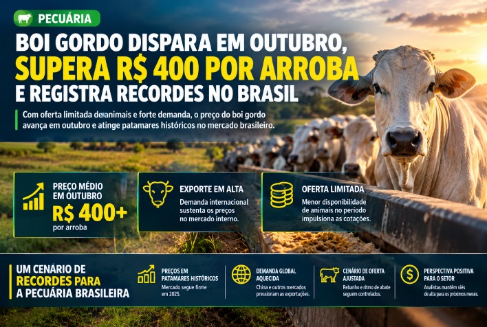 Preço do boi gordo ultrapassa R$ 400 por arroba em outubro com oferta restrita no Brasil