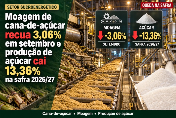 Safra 2026/27 tem queda de 13,36% no açúcar após recuo de 3,06% na moagem de cana em setembro
