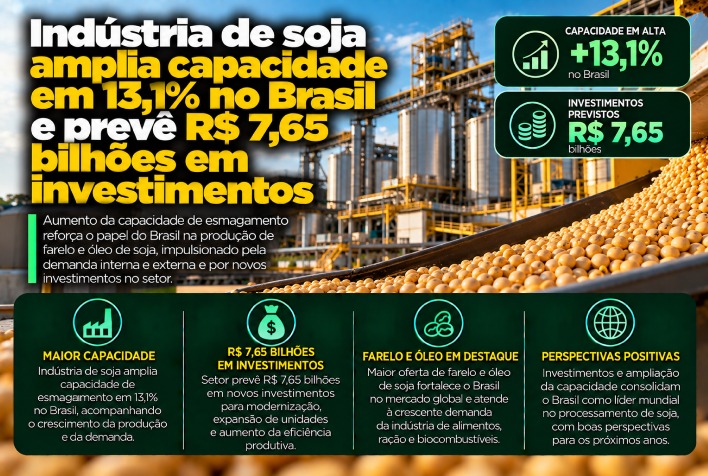 Setor de soja investe R$ 7,65 bilhões para elevar capacidade produtiva em 13,1% no Brasil