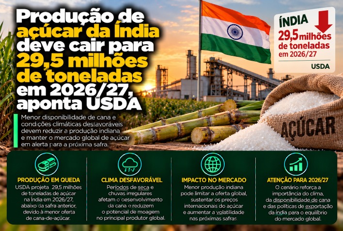 USDA projeta queda na safra de açúcar da Índia para 29,5 milhões de toneladas em 2026/27