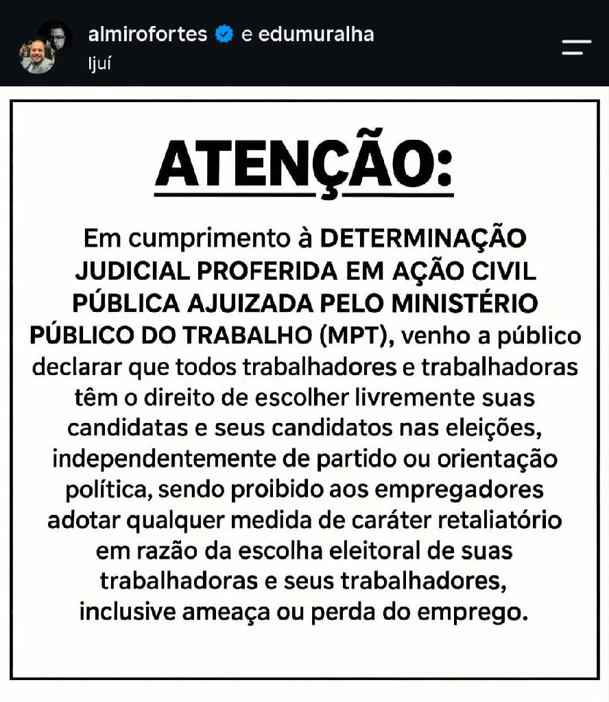 Vereador de Ijuí publica retratação pública após exigência da Justiça do Trabalho